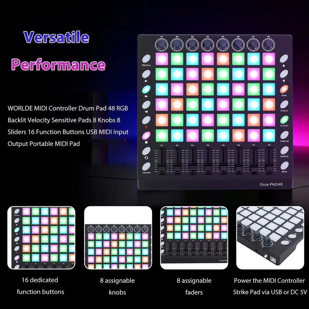 WORLDE MIDI Drum Pad Controller – 48 RGB multi-touch pad’ai, DJ beat maker ir live performance kontroleris