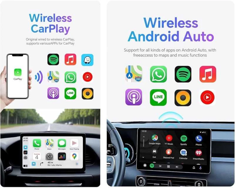 Automagnetola XUDA 2in1 Wired to Wireless CarPlay & Android Auto Adapteris – Paverskite laidinę sistemą belaidžiu patogumu