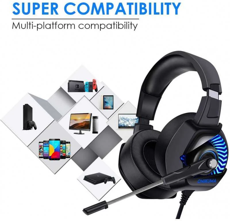 Žaidimų ausinės ONIKUMA GAMING K6 su RGB besikeičiančiomis spalvomis. 3D HD STERIO GARSAS