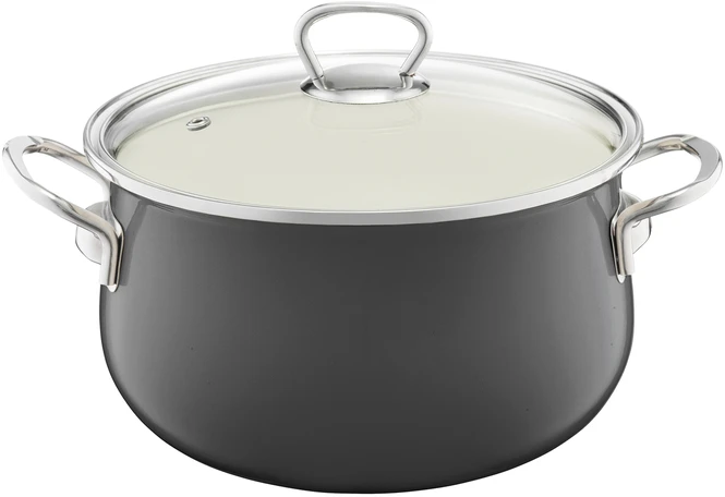 Emaliuotas puodas su dangteliu Pyza 16 cm tamsiai pilka EMALIA OLKUSZ