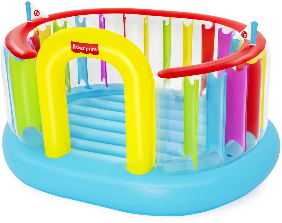 Bestway Fisher-Price Bouncetopia pritūpimo lėkštė su įmontuotu siurbliu, 85 kg, 3 metai, Įmontuotas oro siurblys, Įvairių spalvų, 10,1kg