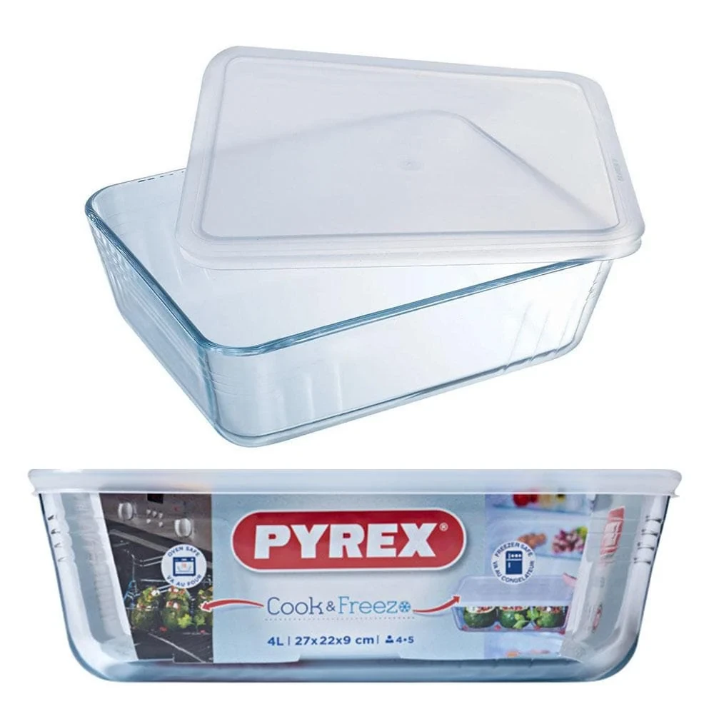 Pyrex Cook & Freeze stačiakampis stiklinis indas su dangčiu, 4 l, 27x22x9 cm