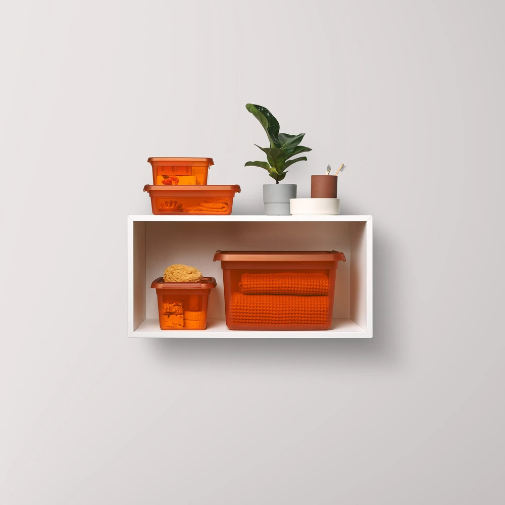 Orplast „Basestore“ indas su dangteliu ir spaustukais, 14x19x9 cm, 1,5 l gintaro spalvos