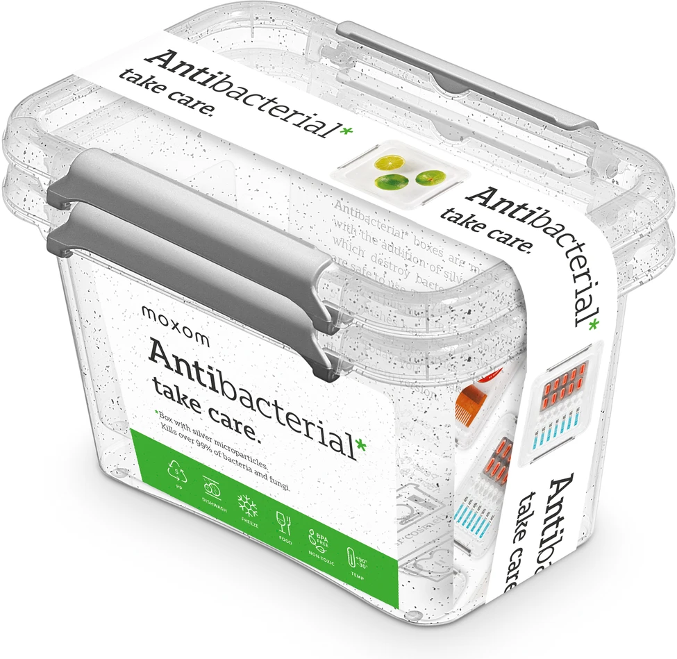Orplast Antibakterinis 2 vnt. maisto indelių su sidabrino mikrodalelėmis, su dangteliu ir spaustukais rinkinys, 650 ml