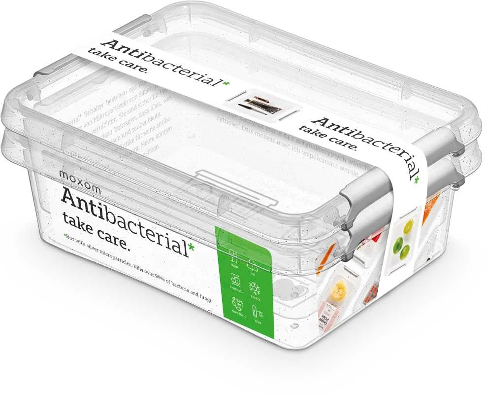 Orplast Antibakterinis 2 vnt. maisto indelių su sidabrino mikrodalelėmis, su dangteliu ir spaustukais rinkinys, 1,15 l