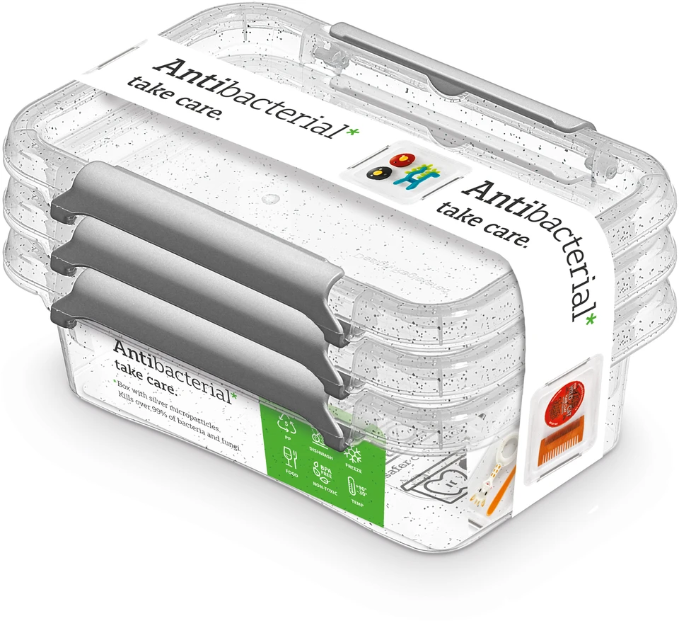 Orplast Antibakterinis 3 vnt. maisto indelių su sidabrino mikrodalelėmis, su dangteliu ir spaustukais rinkinys, 350 ml (3010)