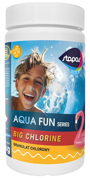 Aqua fun chloro granulės 1kg su vaiko ir flamingo atvaizdu