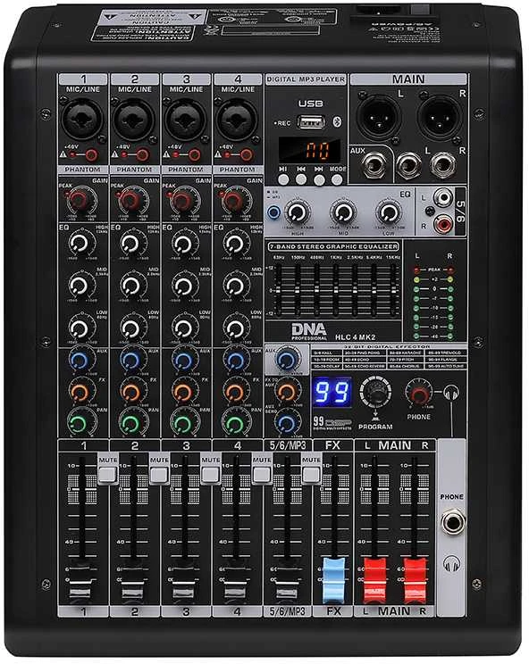 DNA Professional HLC 4 MK2 - analoginis maišytuvas su USB, Bluetooth, MP3, fantominiu maitinimu ir DSP procesoriumi