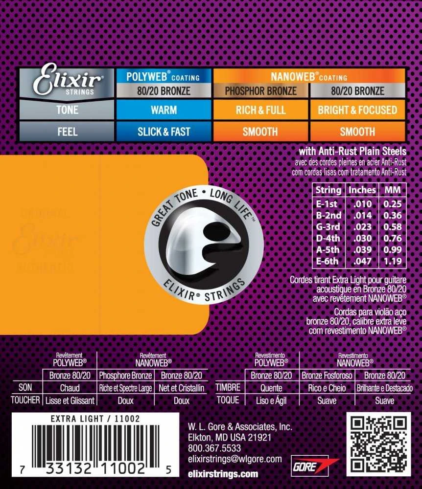 Elixir Strings Eliksyras Stygos ak. gitarai Eliksyras 11002 0.010-0.047 Bronze Nanoweb