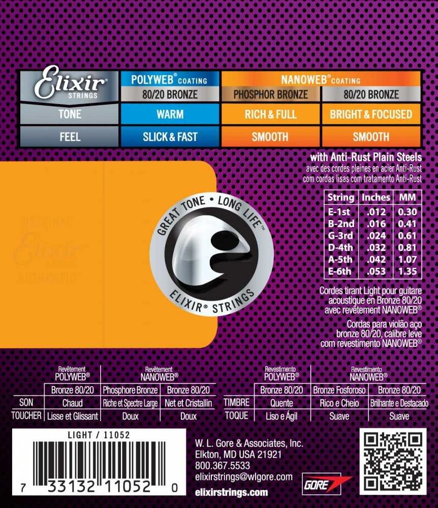 Elixir Eliksyras Stygos ak. gitarai Eliksyras 11052 0.012-0.053 Bronze Nanoweb