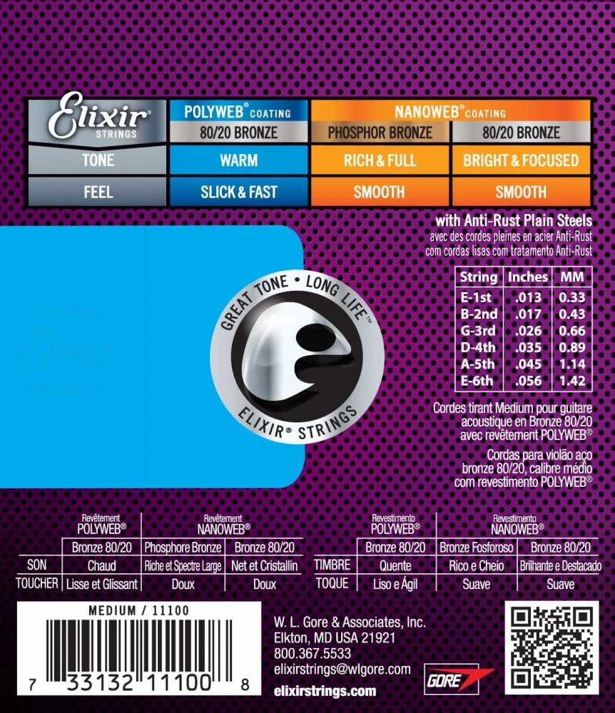Elixir Strings Eliksyras Strings Eliksyras 11100 Medium (13-56) PW - akustinės gitaros stygos