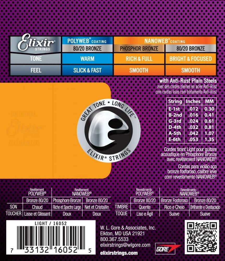 Elixir Strings Eliksyras Stygos ak. gitarai Eliksyras 16052 0.012-0.053 Phosphor Bronze Nanoweb