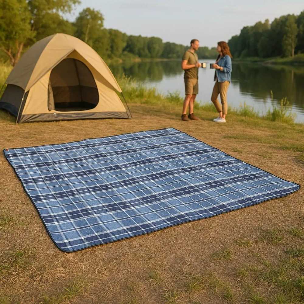 Active Pikniko antklodė 200x200 cm - mėlyna ir pilka languotos spalvos