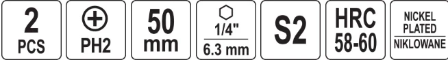 Yato Toya Sa Poland Antgaliai | 6,3 mm (1/4") | S2 Ni | kryžminiai PH2 | 50 mm | 2 vnt. (YT-78021)