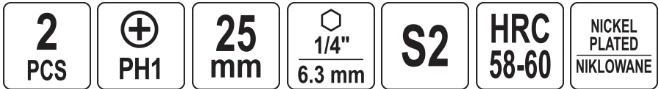 Yato Toya Sa Poland Antgaliai | 6,3 mm (1/4") | S2 Ni | kryžminiai PH1 | 2 vnt. (YT-78000)