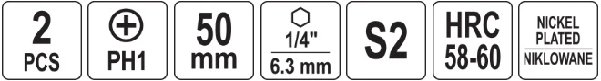 Yato Toya Sa Poland Antgaliai | 6,3 mm (1/4") | S2 Ni | kryžminiai PH1 | 50 mm | 2 vnt. (YT-78020)