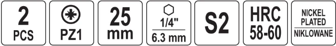 Yato Toya Sa Poland Antgaliai | 6,3 mm (1/4") | S2 Ni | kryžminiai PZ1 | 2 vnt. (YT-78003)