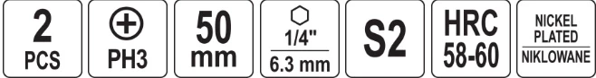 Yato Toya Sa Poland Antgaliai | 6,3 mm (1/4") | S2 Ni | kryžminiai PH3 | 50 mm | 2 vnt. (YT-78022)