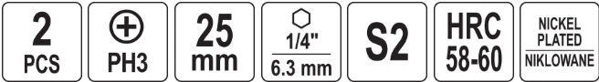 Yato Toya Sa Poland Antgaliai | 6,3 mm (1/4") | S2 Ni | kryžminiai PH3 | 2 vnt. (YT-78002)