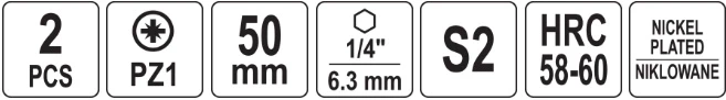 Yato Toya Sa Poland Antgaliai | 6,3 mm (1/4") | S2 Ni | kryžminiai PZ1 | 50 mm | 2 vnt. (YT-78023)