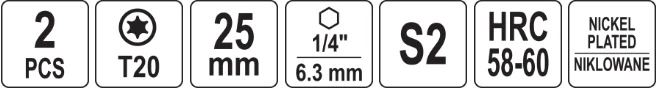 Yato Toya Sa Poland Antgaliai | 6,3 mm (1/4") | S2 Ni | T-Star (Torx) T20 | 2 vnt. (YT-78013)