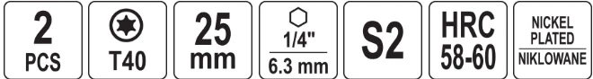 Yato Toya Sa Poland Antgaliai | 6,3 mm (1/4") | S2 Ni | T-Star (Torx) T40 | 2 vnt. (YT-78016)
