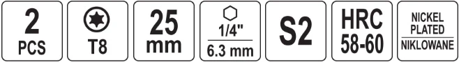 Yato Toya Sa Poland Antgaliai | 6,3 mm (1/4") | S2 Ni | T-Star (Torx) T8 | 2 vnt. (YT-78010)