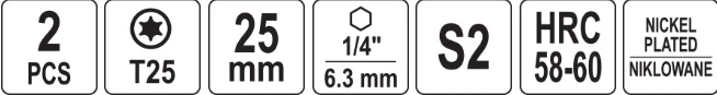 Yato Toya Sa Poland Antgaliai | 6,3 mm (1/4") | S2 Ni | T-Star (Torx) T25 | 2 vnt. (YT-78014)
