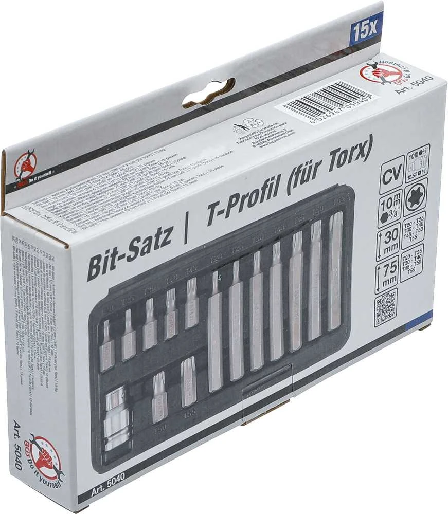 Grąžtas Bgs Technic Antgalių rinkinys | trumpas / ilgas | 10 mm (3/8") storio | T-Star (Torx) | 15 vnt. (5040)