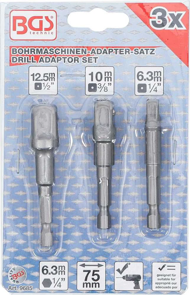 Grąžtas Bgs Technic Adapterių komplektas | 6.3 mm (1/4") antgalis | 6.3 mm (1/4") / 10 mm (3/8") / 12,5 mm (1/2") | 3 vnt. (9685)