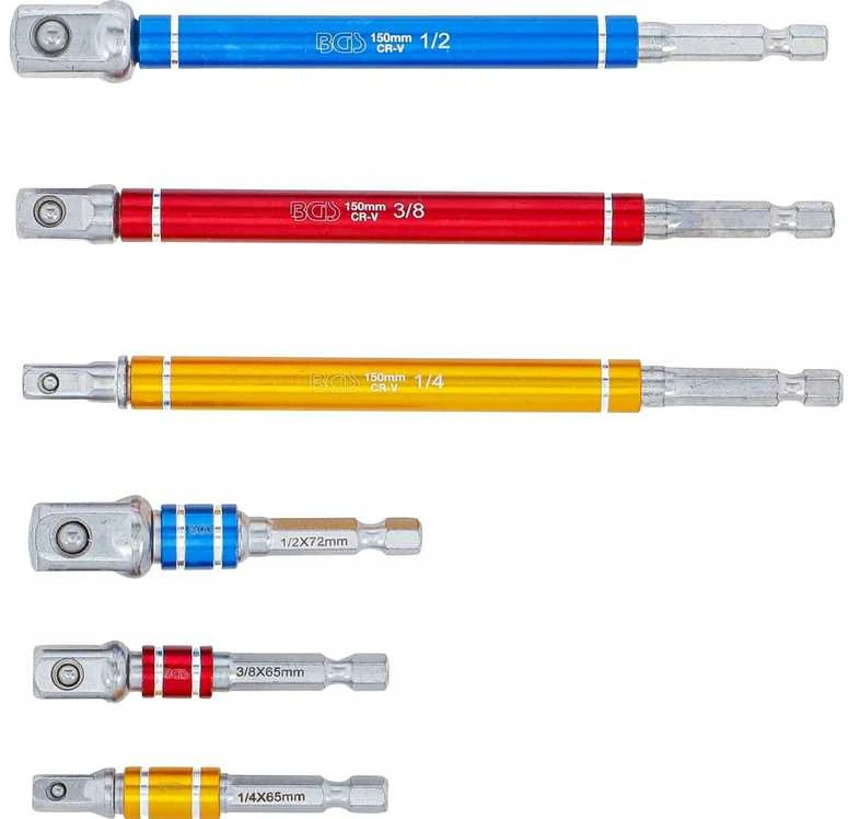 Bgs Technic Adapterių rinkinys | spalvoti | 6.3 mm (1/4") | 6.3 mm (1/4") / 10 mm (3/8") / 12,5 mm (1/2") | 75 - 150 mm | 6 vnt. (74424)