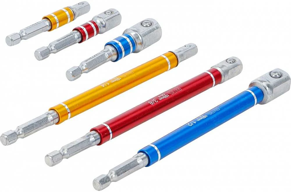 Bgs Technic Adapterių rinkinys | spalvoti | 6.3 mm (1/4") | 6.3 mm (1/4") / 10 mm (3/8") / 12,5 mm (1/2") | 75 - 150 mm | 6 vnt. (74424)
