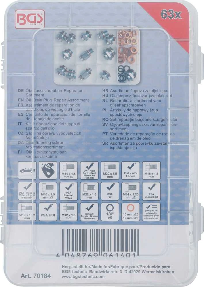 Bgs Technic Alyvos išleidimo kaiščių remonto asortimentas | 63 vnt. (70184)