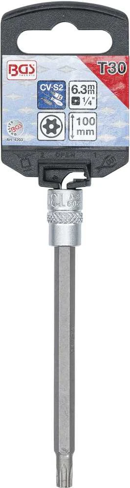 Bgs Technic Antgalis įpresuotas į galvutę | ilgis 100 mm | 6.3 mm (1/4") | T-Star su skyle (Torx ) T30 (4203)