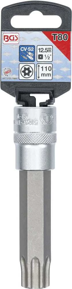 Bgs Technic Antgalis įpresuotas į galvutę | lgis 110 mm | 12,5 mm (1/2") | T-Star su skyle (Torx) T80 (5103-TB80)