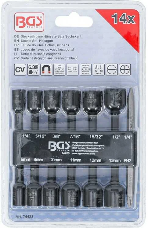 Bgs Technic Antgalių / galvučių rinkinys | 6,3 mm (1/4") | 1/4" - 1/2", 6 - 13 mm | 14 vnt. (74423)