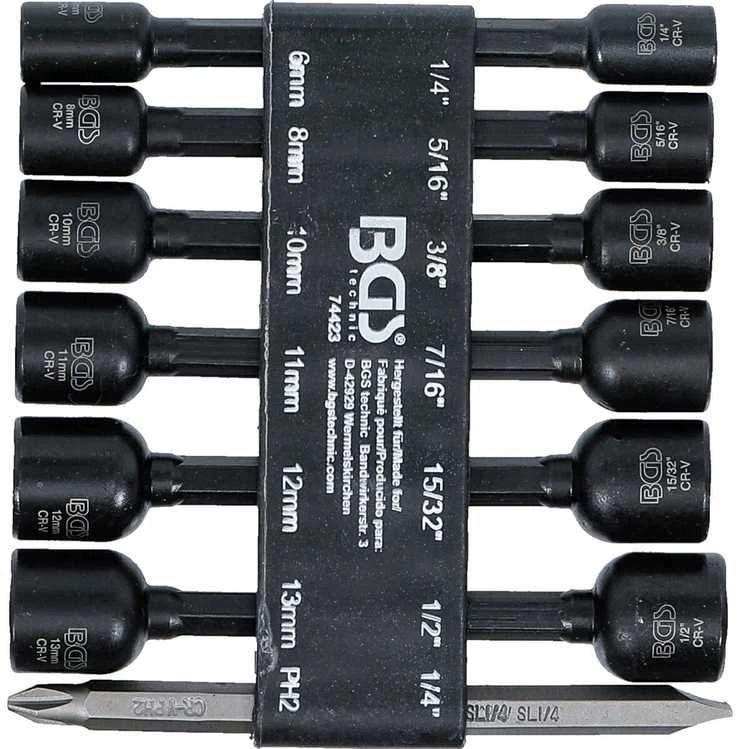 Bgs Technic Antgalių / galvučių rinkinys | 6,3 mm (1/4") | 1/4" - 1/2", 6 - 13 mm | 14 vnt. (74423)