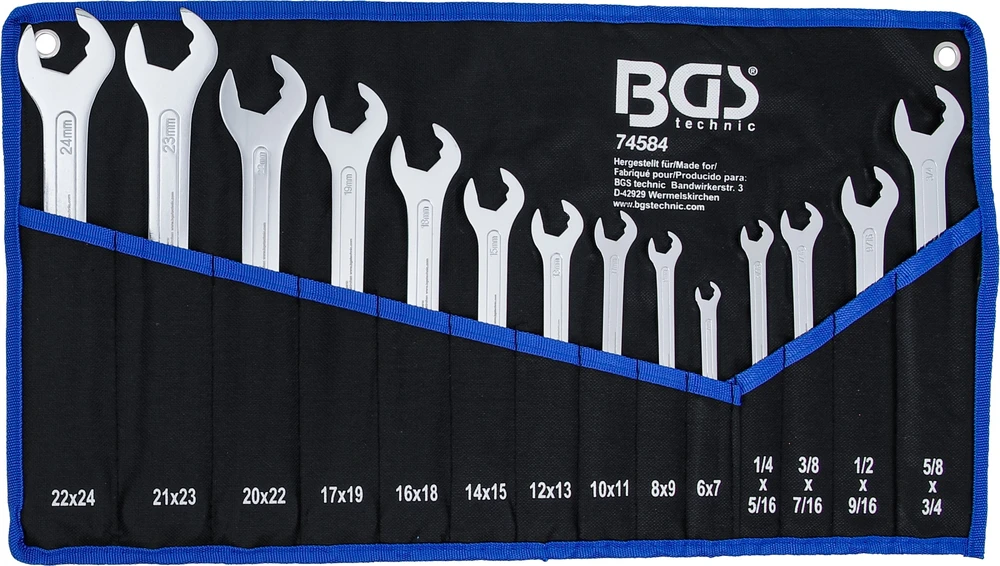 Bgs Technic Atvirų terkšlinių veržliarakčių rinkinys | ypač plonas | 6–22 mm / 1/4"–3/4" | 14 vnt. (74584)