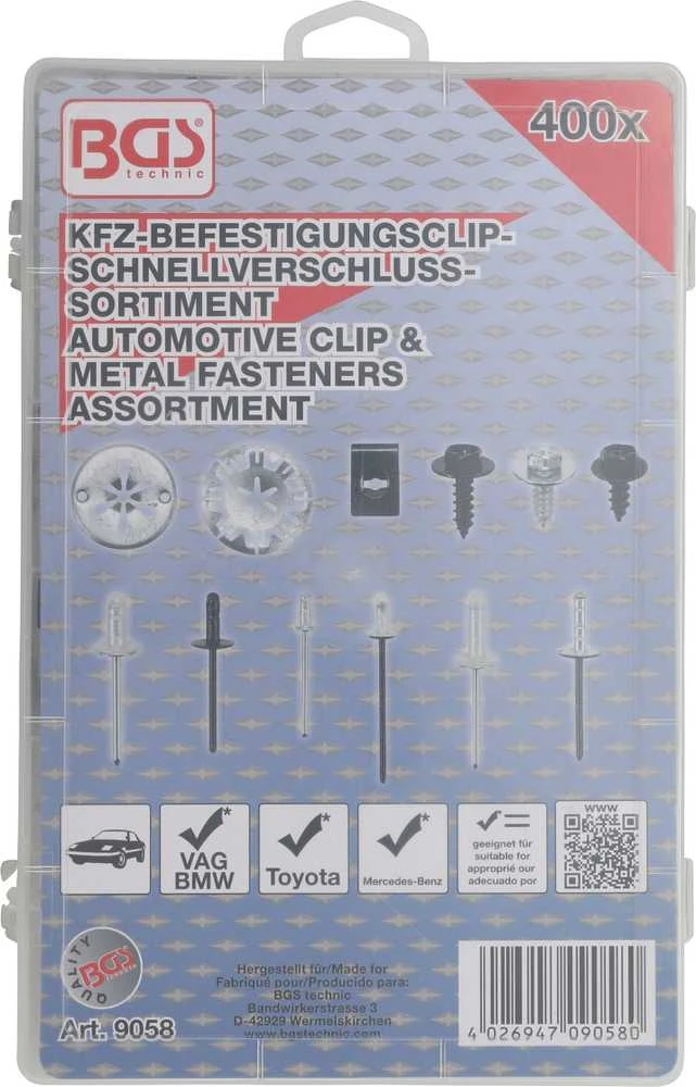 Bgs Technic Automobilinis klipsų asortimentas Audi, VW, Toyota, Mercedes-Benz, BMW | 400 vnt. (9058)