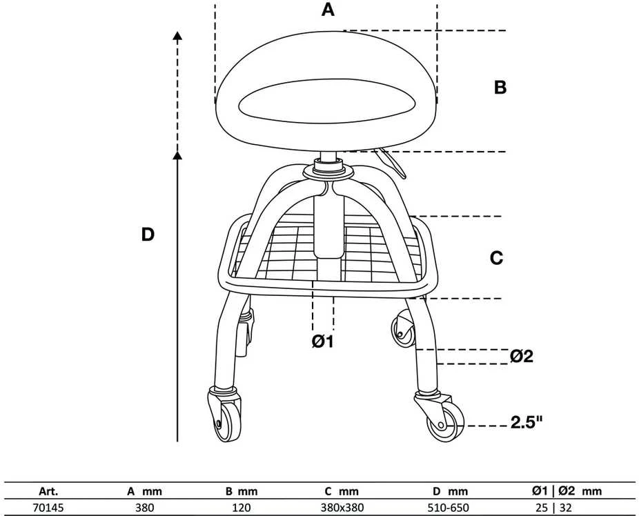 Bgs Technic Autoserviso kėdutė su ratukais | reguliuojamas aukštis | 540–680 mm (70145)