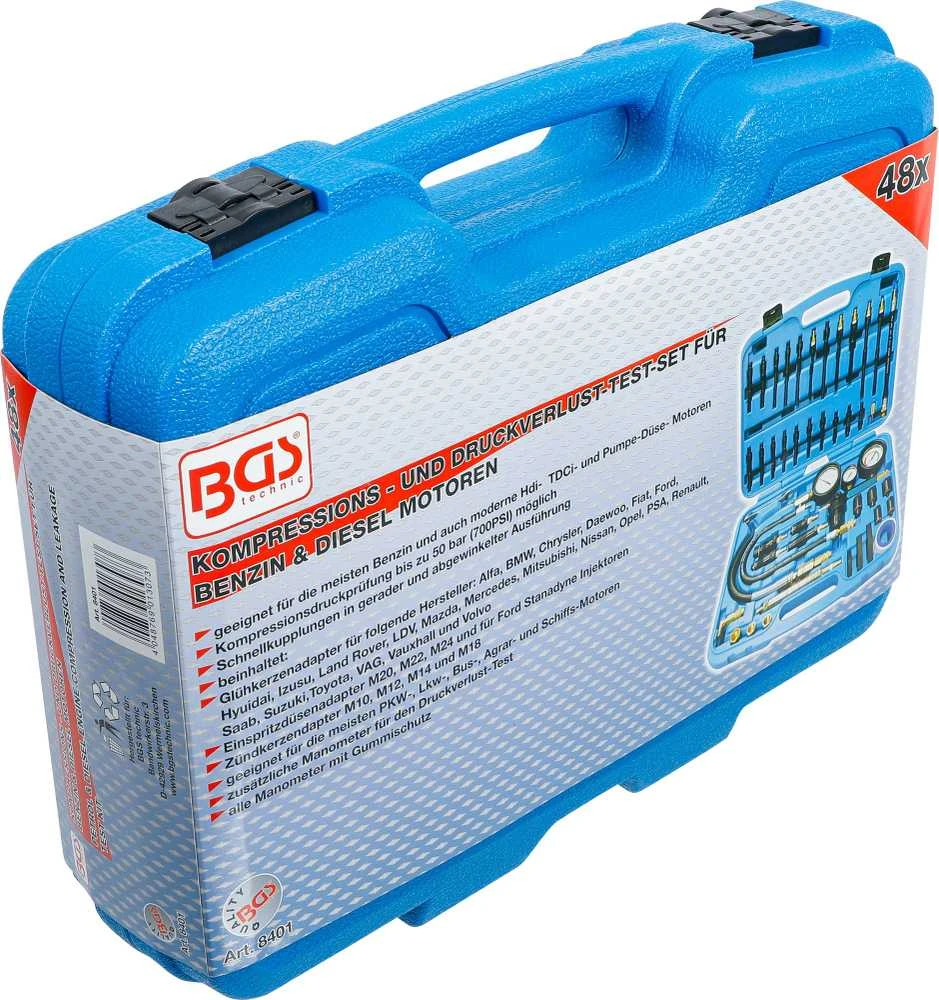 Bgs Technic Benzino ir dyzelinio variklio suspaudimo ir nuotėkio testavimo rinkinys (8401)