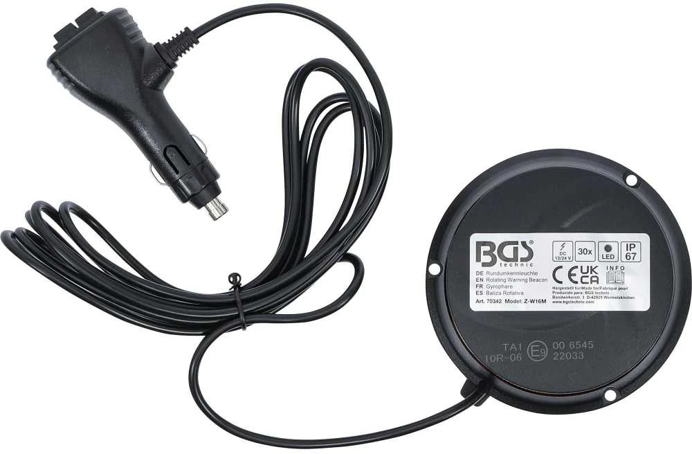 Bgs Technic Besisukantis įspėjamasis švyturėlis | geltonas | su magnetu | 12 V / 24 V | Ø 130 mm (70342)