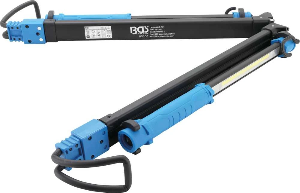 Bgs Technic COB LED variklio dangčio lempa su akumuliatoriumi ir teleskopine juosta | 2 COB-LED nešiojamos darbo lempos (85306)