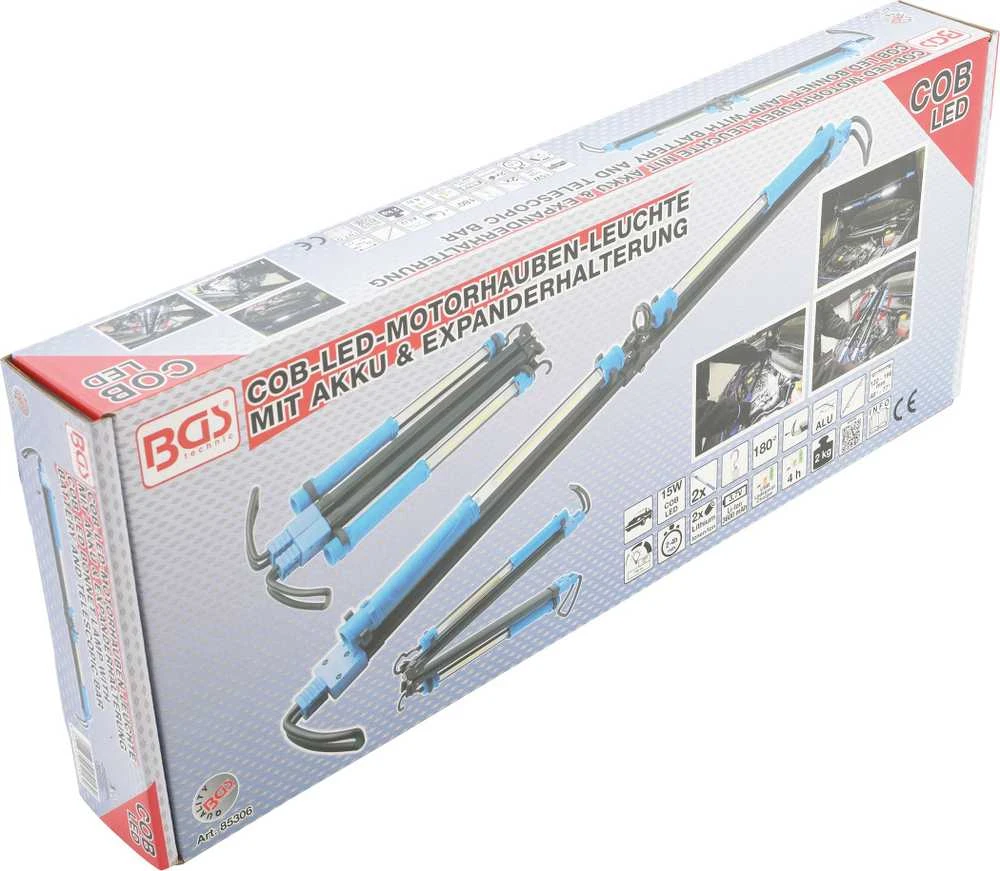 Bgs Technic COB LED variklio dangčio lempa su akumuliatoriumi ir teleskopine juosta | 2 COB-LED nešiojamos darbo lempos (85306)
