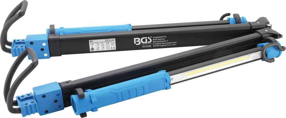 Bgs Technic COB LED variklio dangčio lempa su akumuliatoriumi ir teleskopine juosta | 2 COB-LED nešiojamos darbo lempos (85306)
