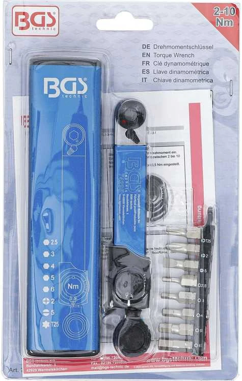 Bgs Technic Dinamometrinis raktas | Vidinis šešiakampis 6,3 mm (1/4") | 2–10 Nm | su antgalių rinkiniu | 9 vnt. (74295)