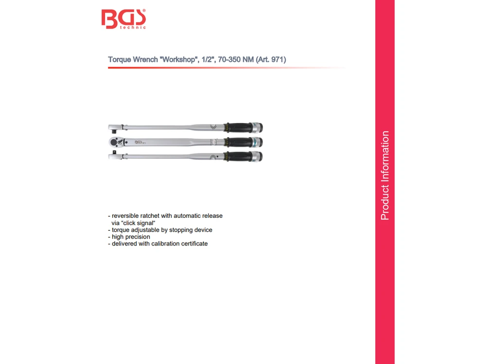 Bgs Technic Dinamometrinis raktas | "Workshop" | 12.5 mm (1/2") | 70 - 350 Nm (971)