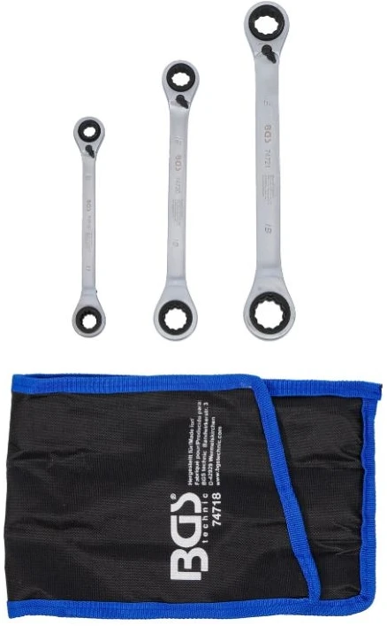 Bgs Technic Dvipusių terkšlinių kilpinių raktų rinkinys | 4-in-1 | 8–19 mm | 3 vnt. (74718)