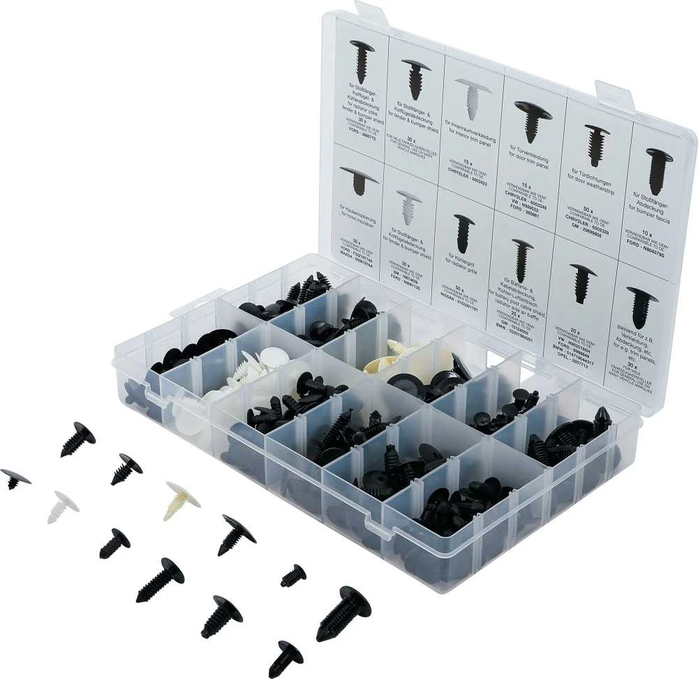 Bgs Technic Eglutės tipo klipsų asortmentas GM, VW, Chrysler, BMW, Nissan Ford | 340 vnt. (9055)