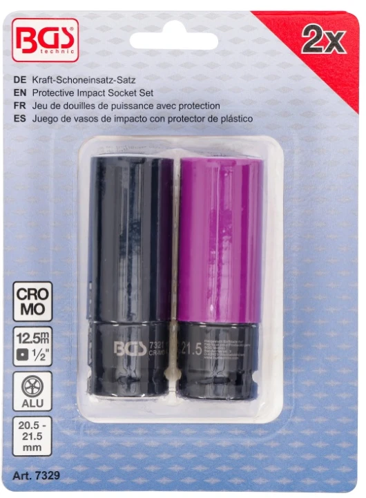 Bgs Technic Galvutės smūginės ilgos plonasienės | su plastikine apsauga | 12,5 mm (1/2") | 20.5 + 21.5 mm | 2 vnt (7329)